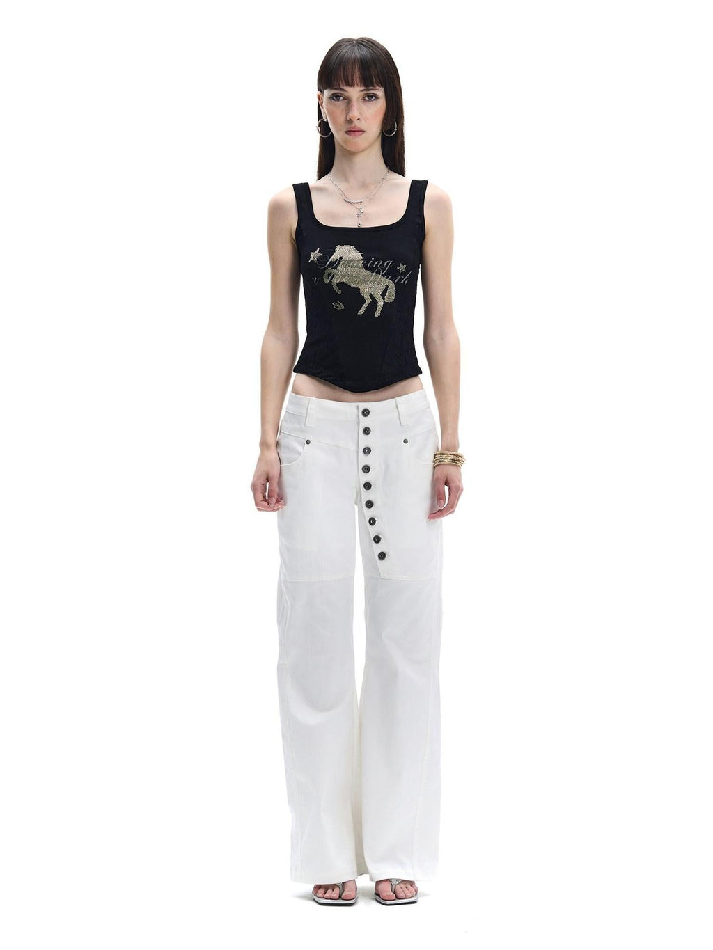 Midnight Black Gold Horse Rhinestone Square Neck Women's Lace Tank Tops