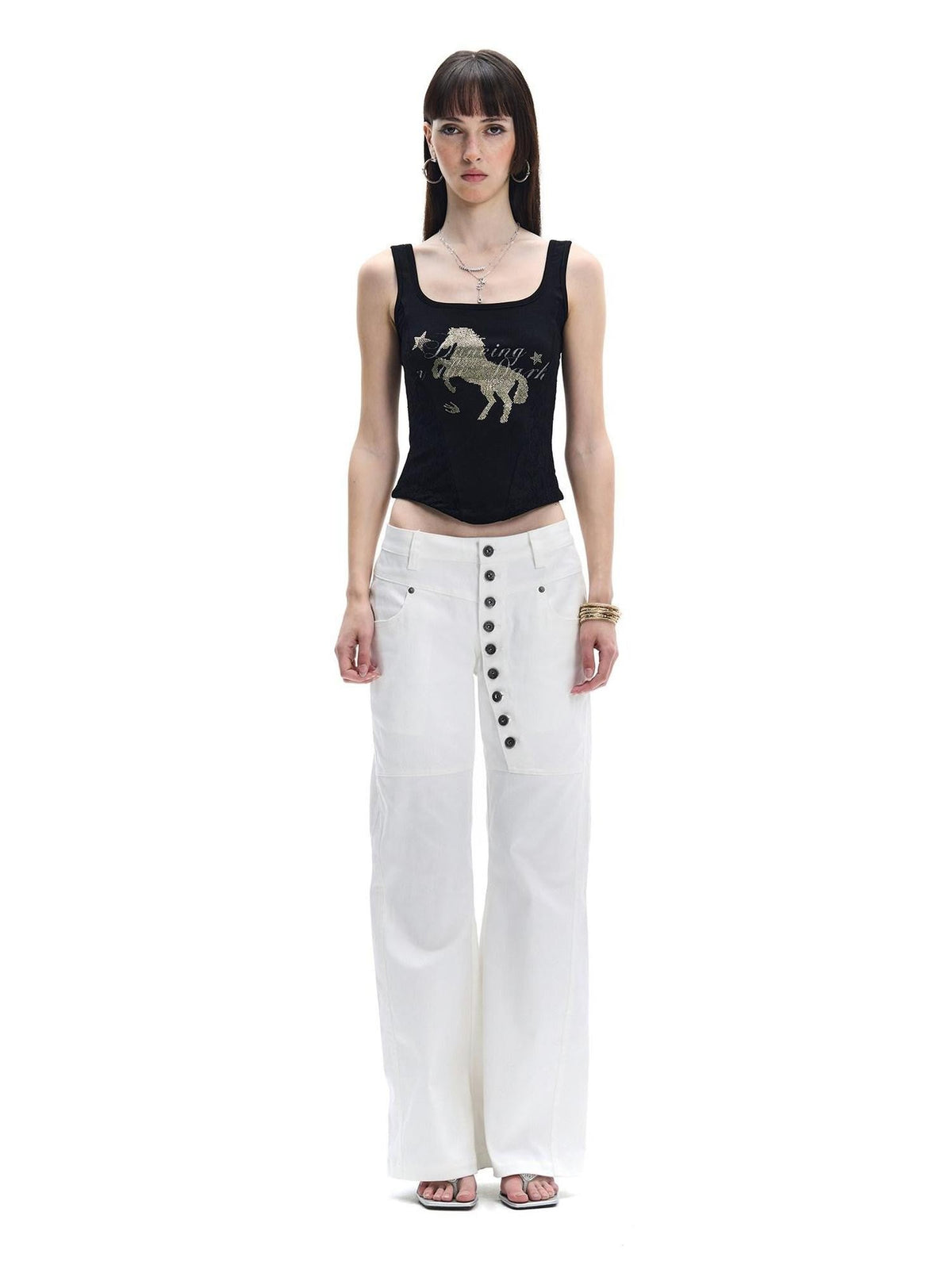 Midnight Black Gold Horse Rhinestone Square Neck Women's Lace Tank Tops