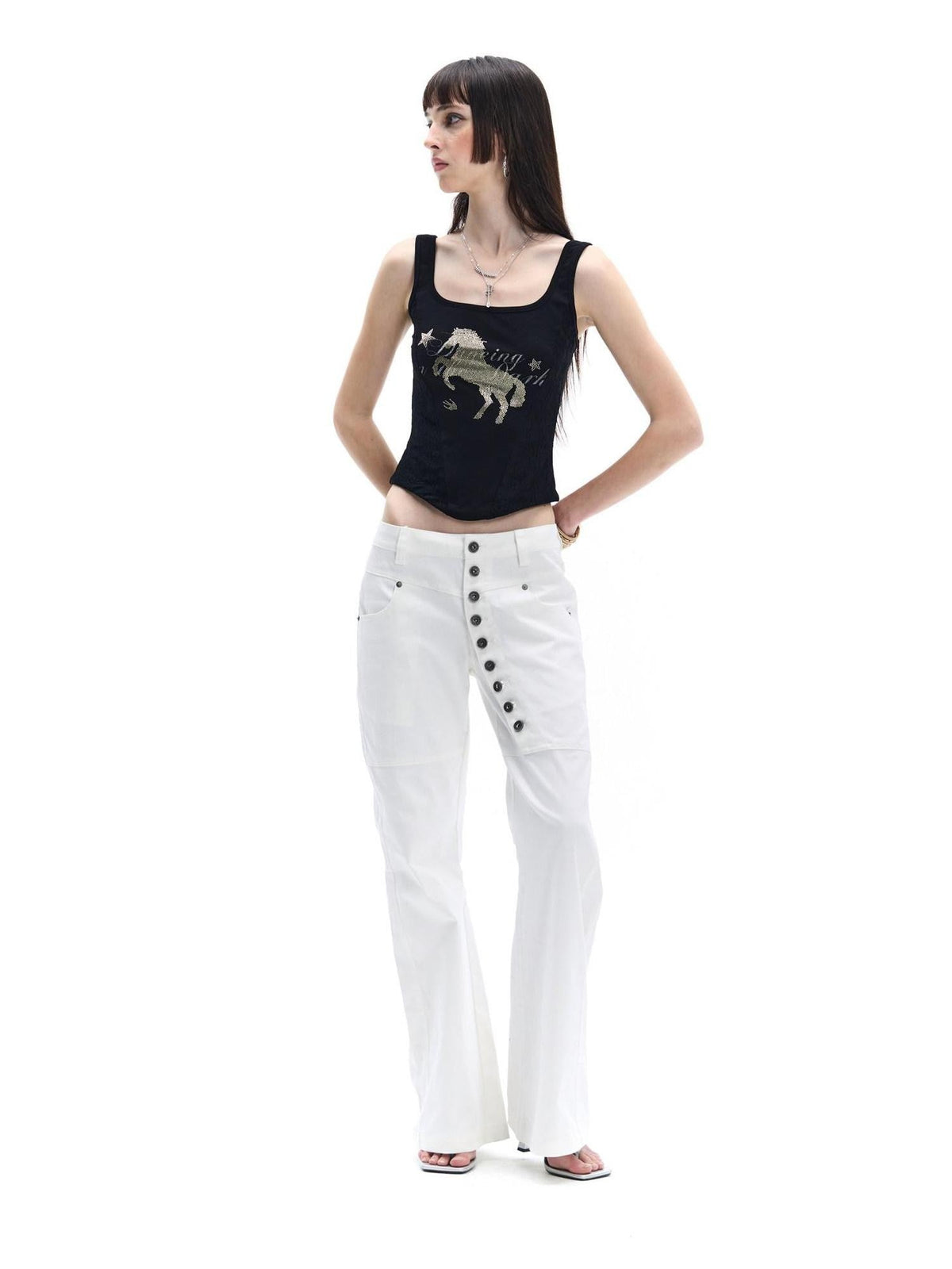 Midnight Black Gold Horse Rhinestone Square Neck Women's Lace Tank Tops