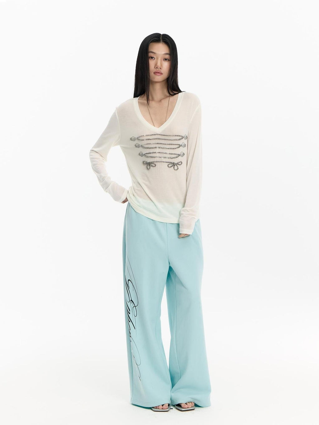 Mint Green Embroidered Print Low Rise Cotton Women's Straight-leg Pants