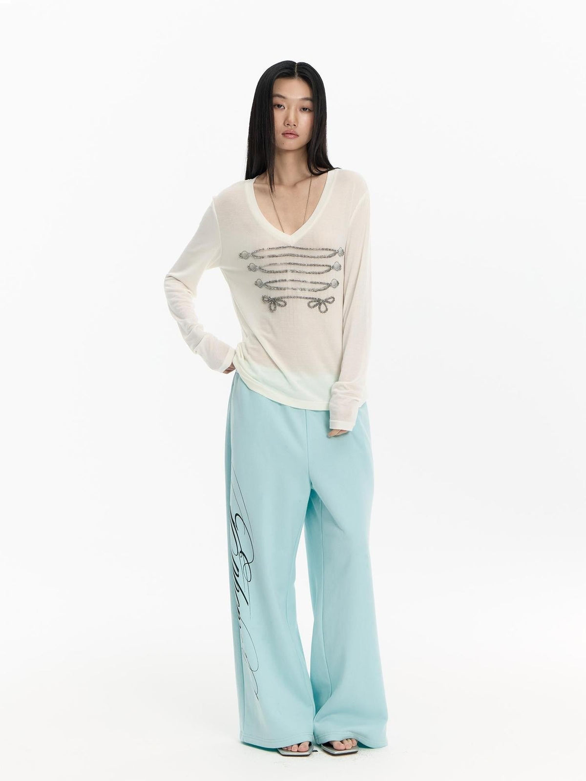 Mint Green Embroidered Print Low Rise Cotton Women's Straight-leg Pants