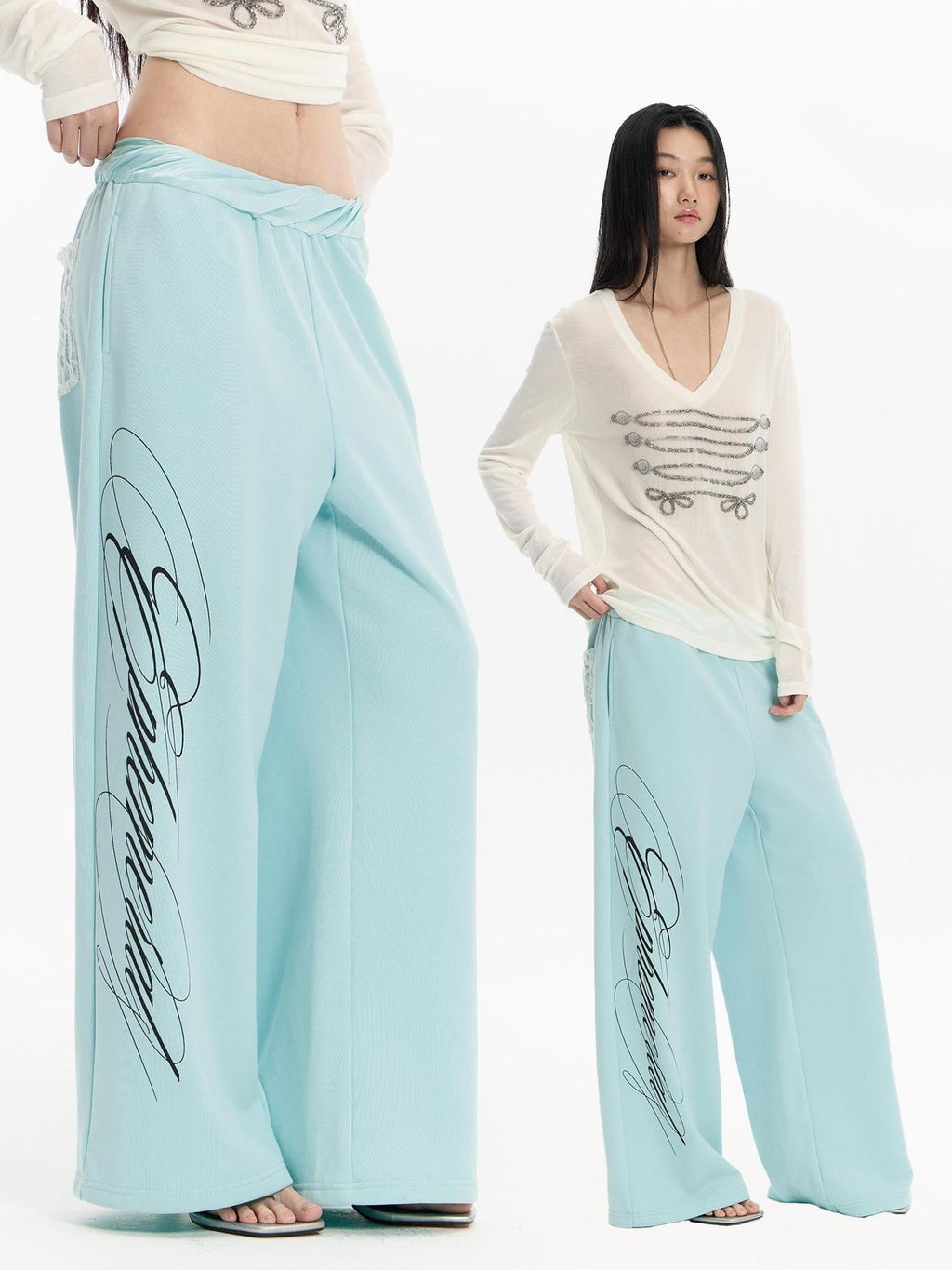 Mint Green Embroidered Print Low Rise Cotton Women's Straight-leg Pants