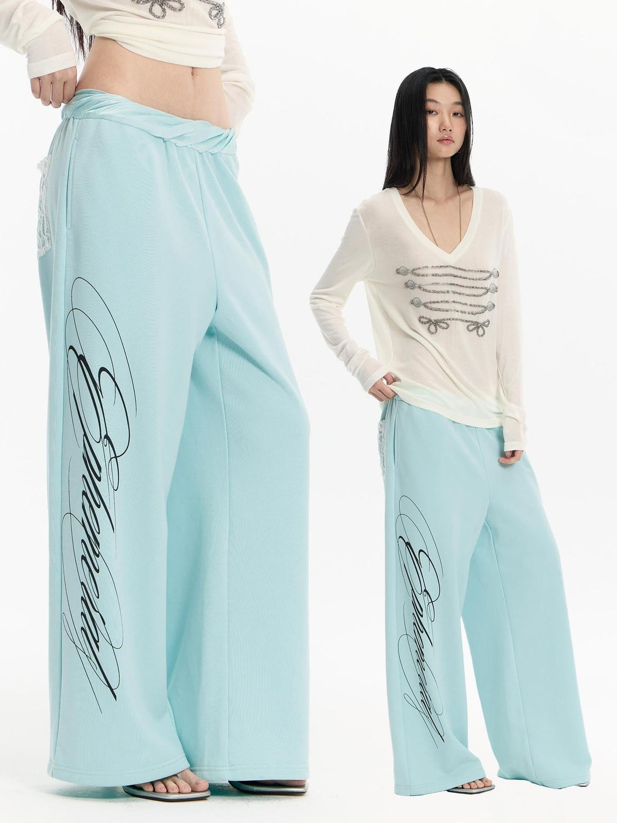 Mint Green Embroidered Print Low Rise Cotton Women's Straight-leg Pants