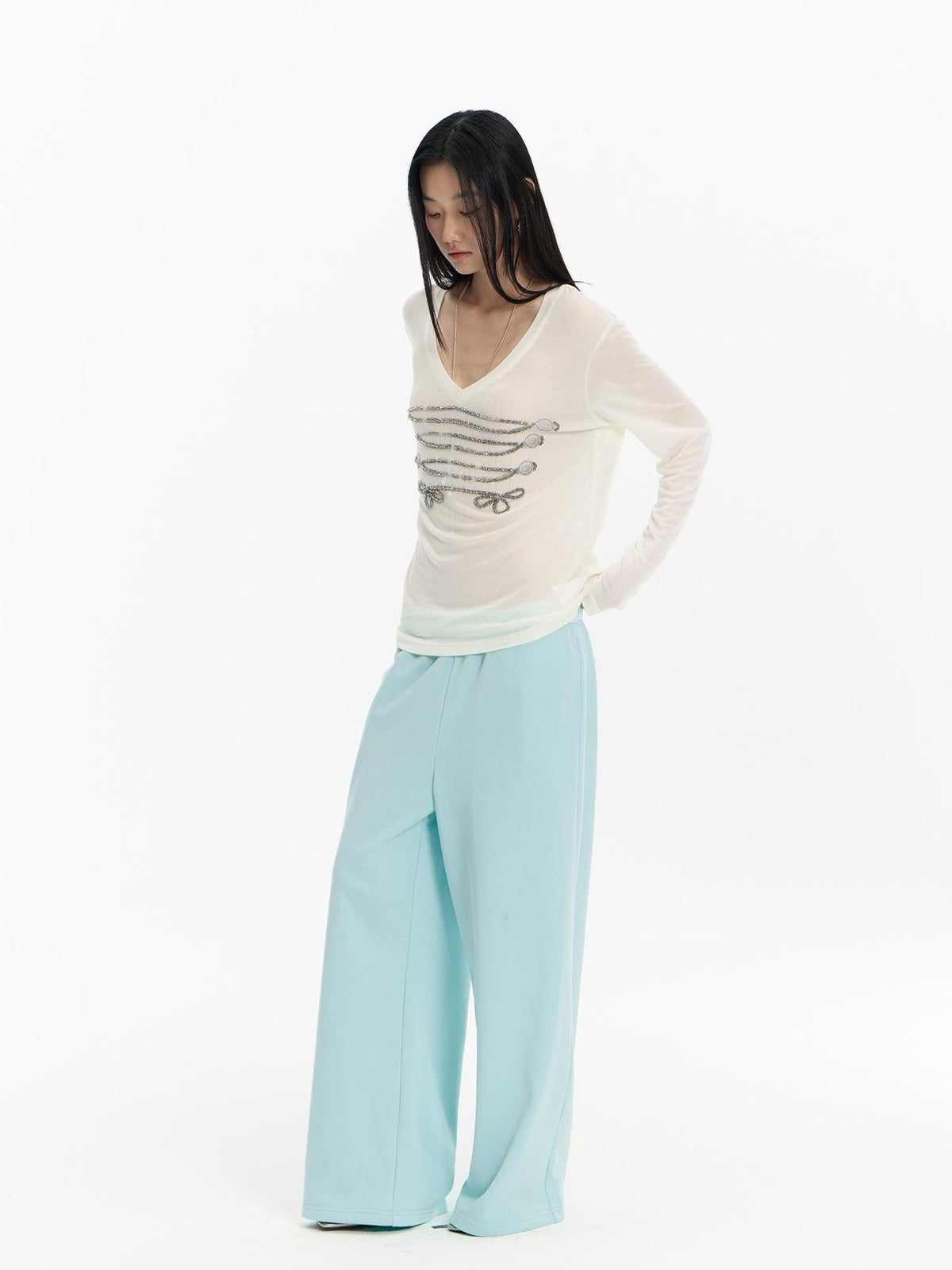 Mint Green Embroidered Print Low Rise Cotton Women's Straight-leg Pants
