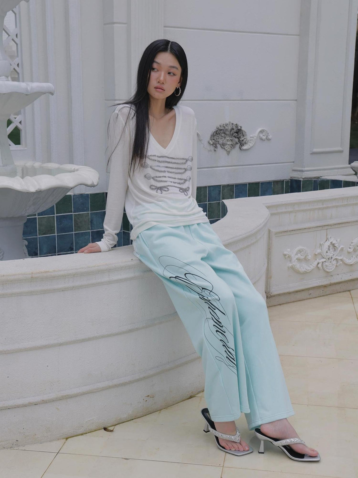 Mint Green Embroidered Print Low Rise Cotton Women's Straight-leg Pants