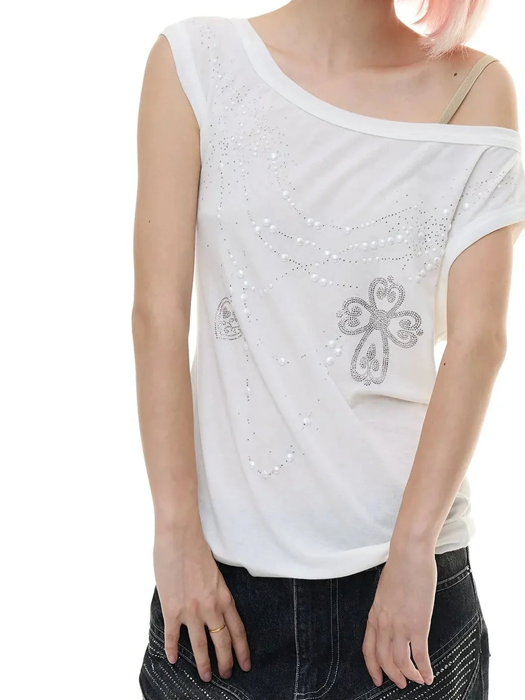 Pearl Embellished Off Shoulder Knit Top