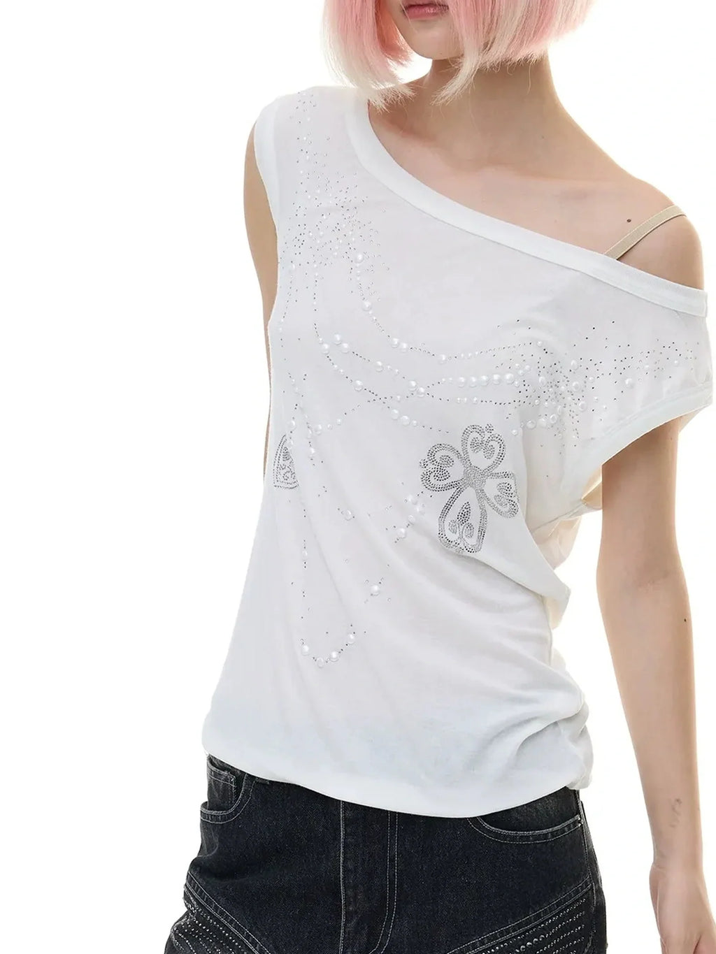 Pearl Embellished Off Shoulder Knit Top