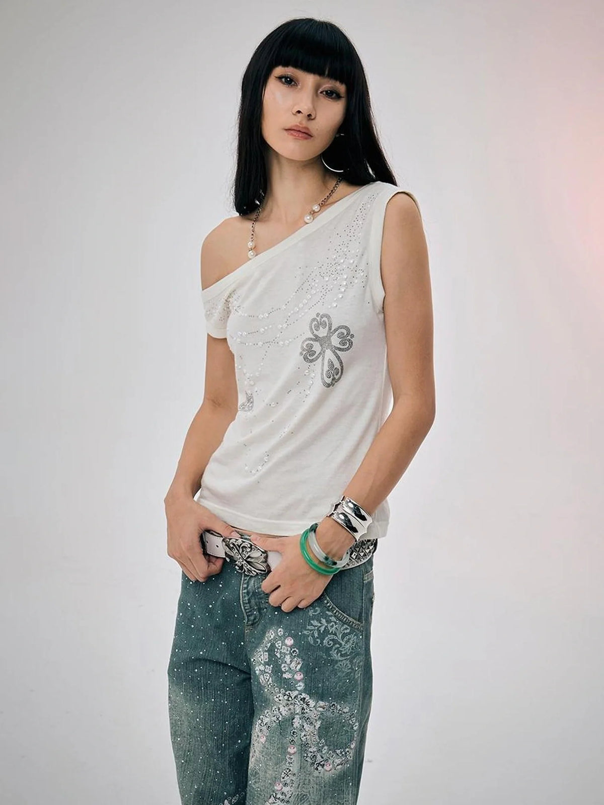 Pearl Embellished Off Shoulder Knit Top