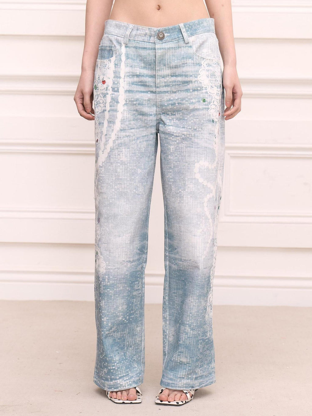 Pearl Necklace Lace Print High Waist Chain Women's Cotton Straight-leg Jeans