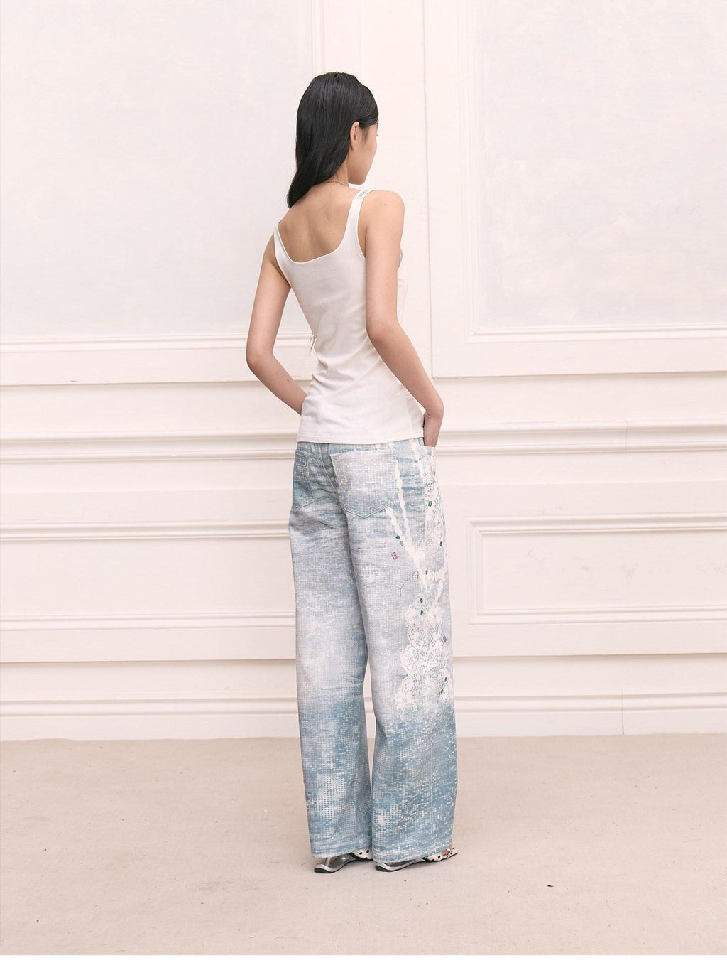 Pearl Necklace Lace Print High Waist Chain Women's Cotton Straight-leg Jeans