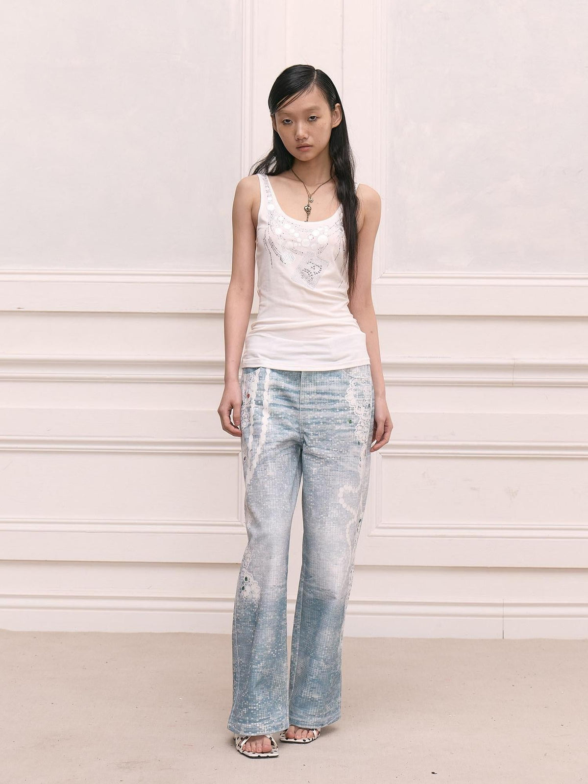 Pearl Necklace Lace Print High Waist Chain Women's Cotton Straight-leg Jeans