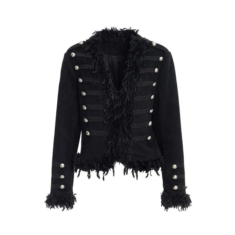 Punk Palace Fringe Button Embellished Slim Fit Women's Polyester Cropped Jackets