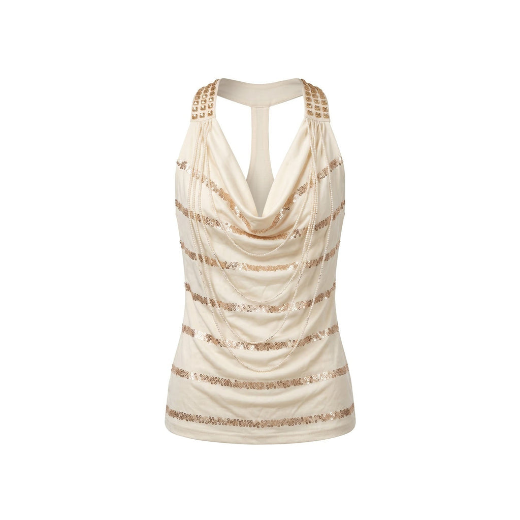Rhinestone Draped Neck Embroidered Slim Fit Acetate Women's Halter Tops