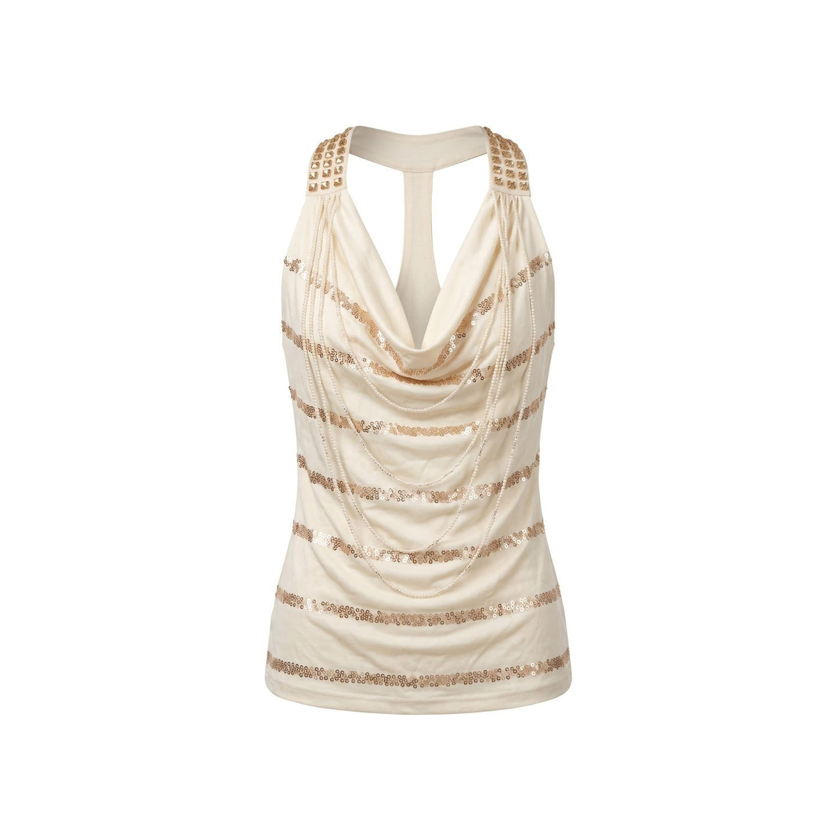 Rhinestone Draped Neck Embroidered Slim Fit Acetate Women's Halter Tops