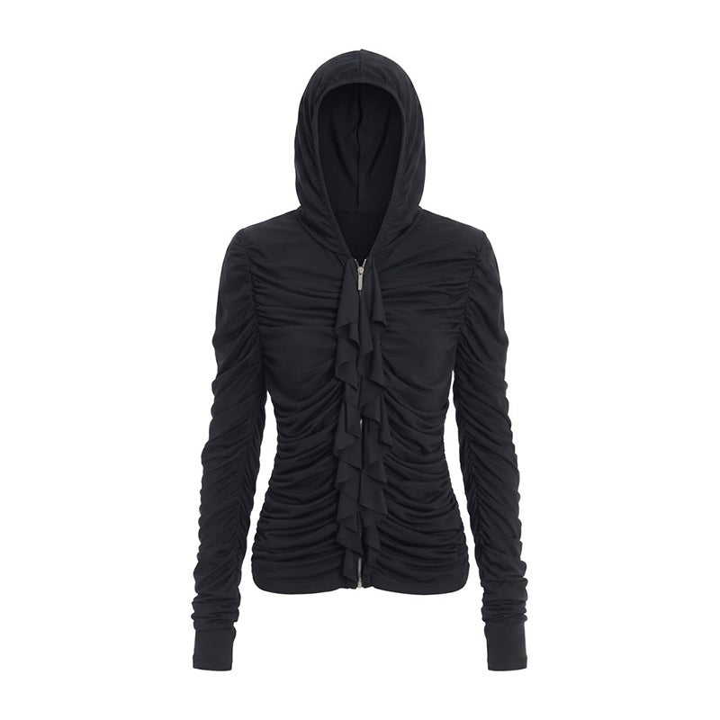 Ruffle Trim Ruched Zip Up Slim Fit Modal Women's Hoodies