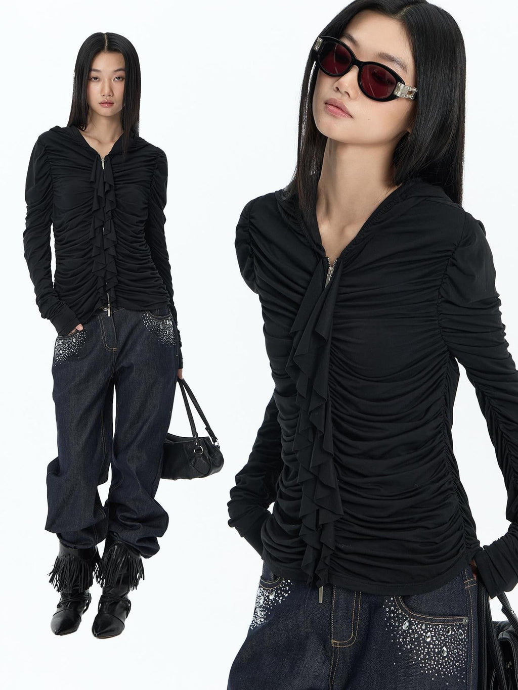 Ruffle Trim Ruched Zip Up Slim Fit Modal Women's Hoodies