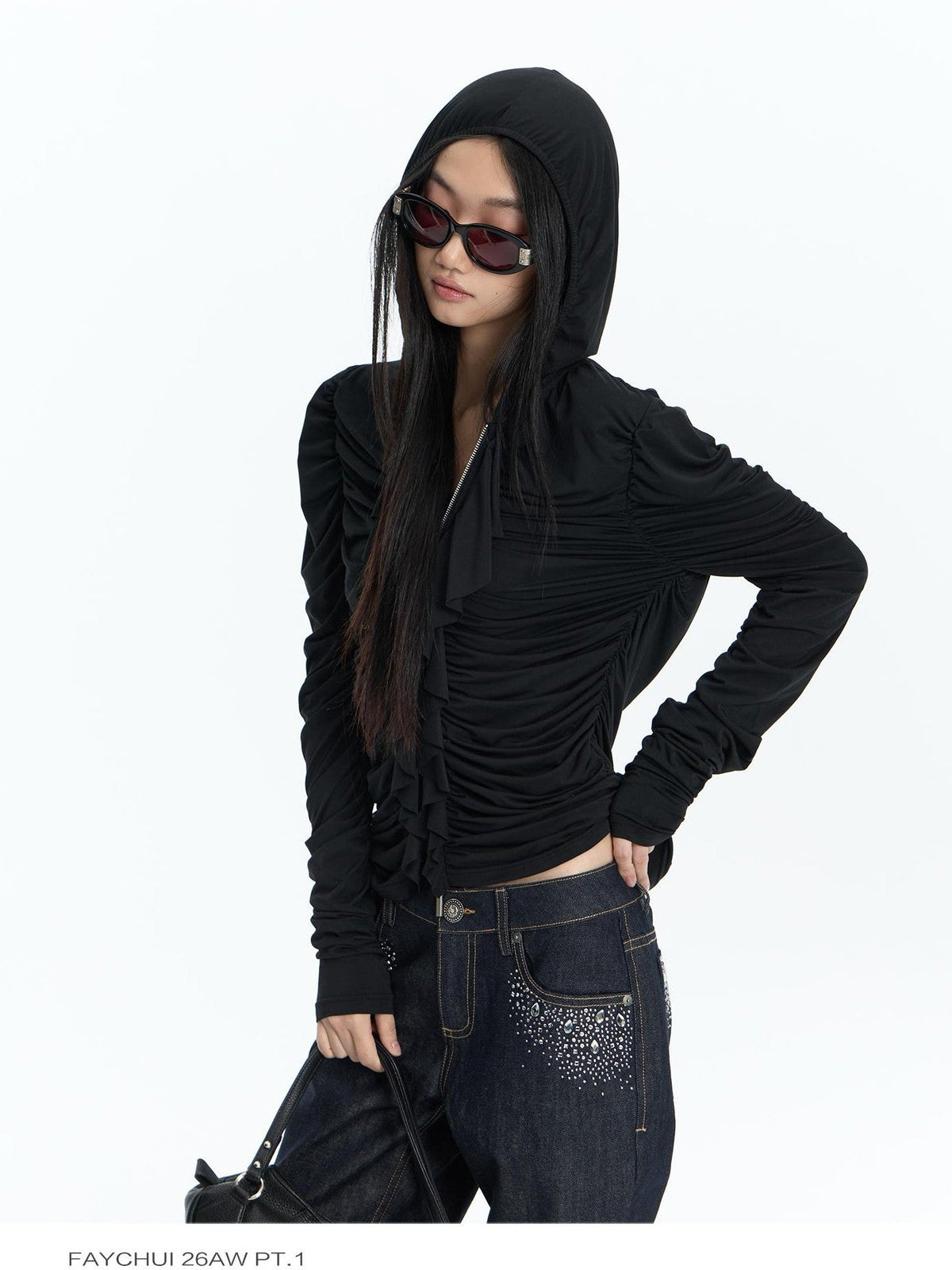 Ruffle Trim Ruched Zip Up Slim Fit Modal Women's Hoodies