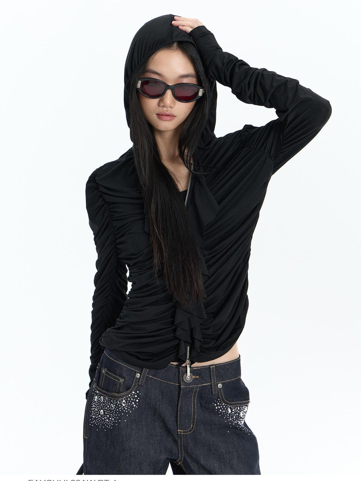 Ruffle Trim Ruched Zip Up Slim Fit Modal Women's Hoodies