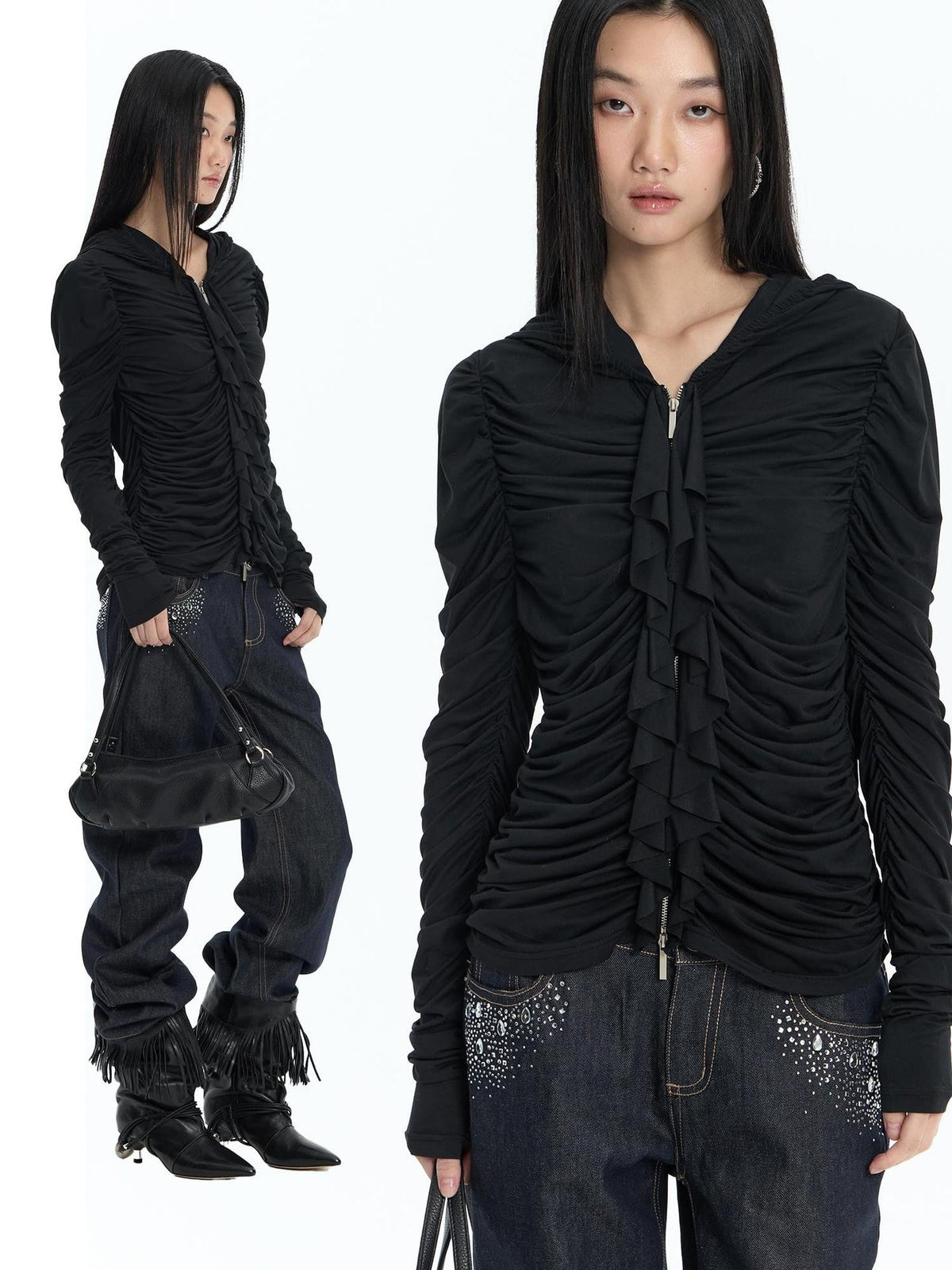 Ruffle Trim Ruched Zip Up Slim Fit Modal Women's Hoodies