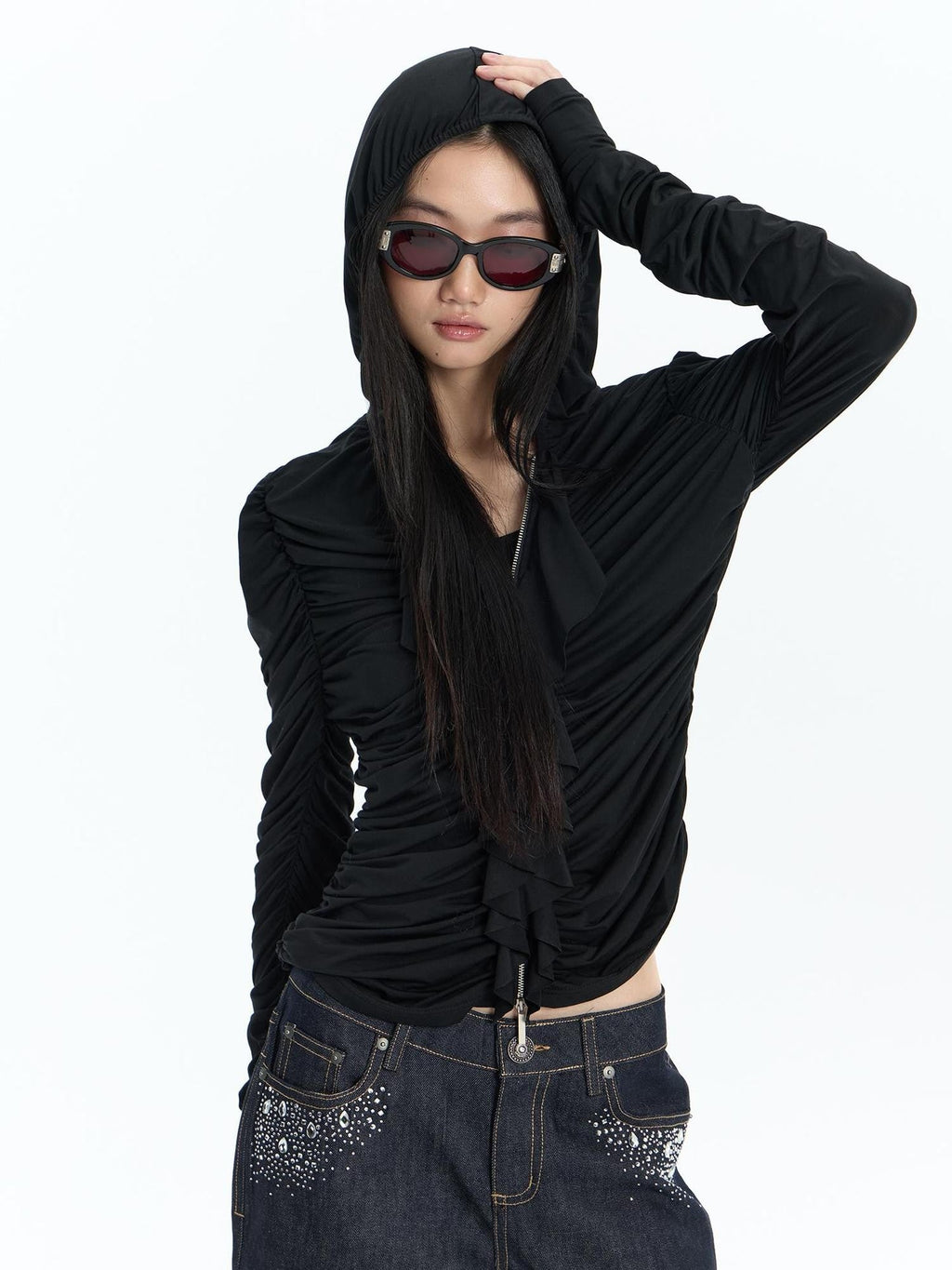 Ruffle Trim Ruched Zip Up Slim Fit Modal Women's Hoodies