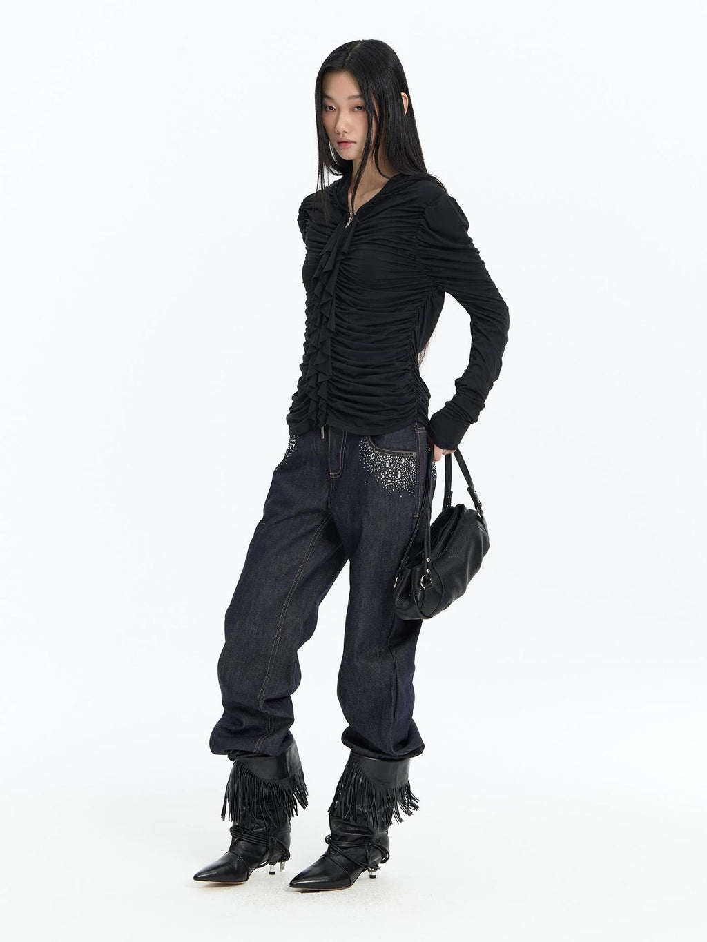 Ruffle Trim Ruched Zip Up Slim Fit Modal Women's Hoodies