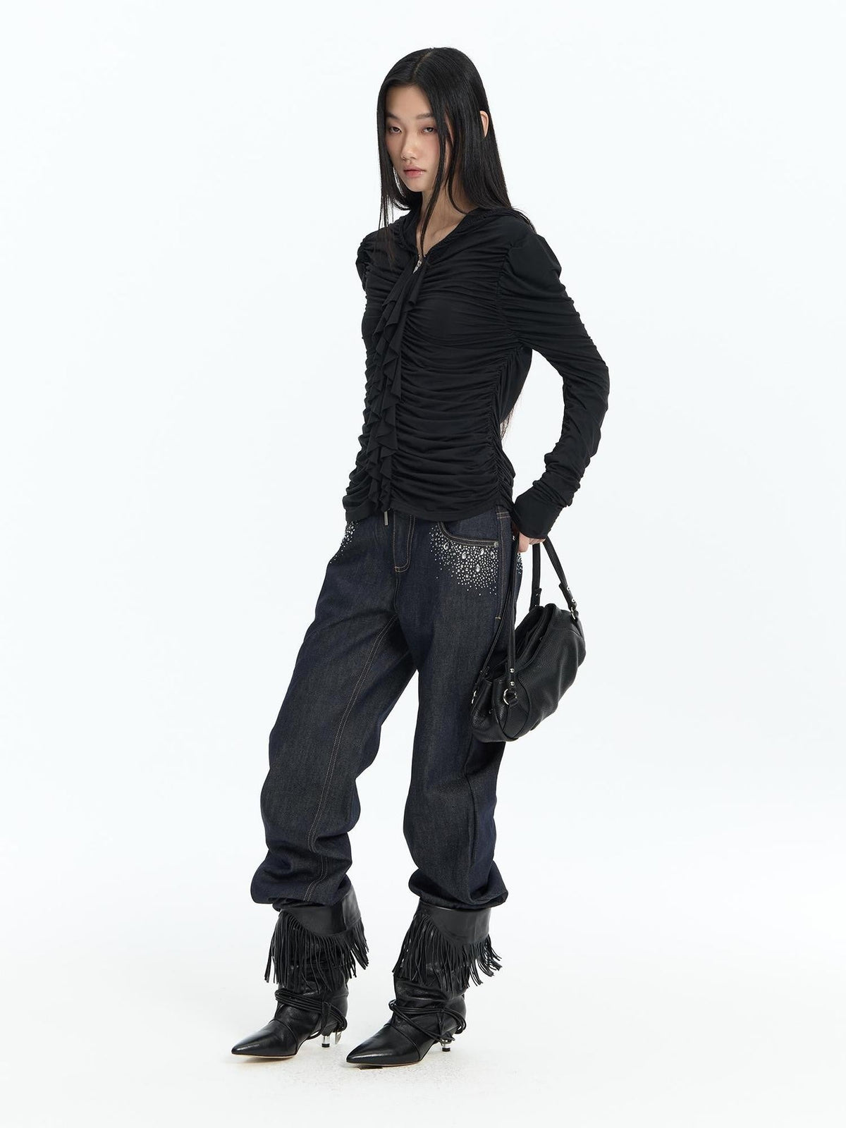 Ruffle Trim Ruched Zip Up Slim Fit Modal Women's Hoodies