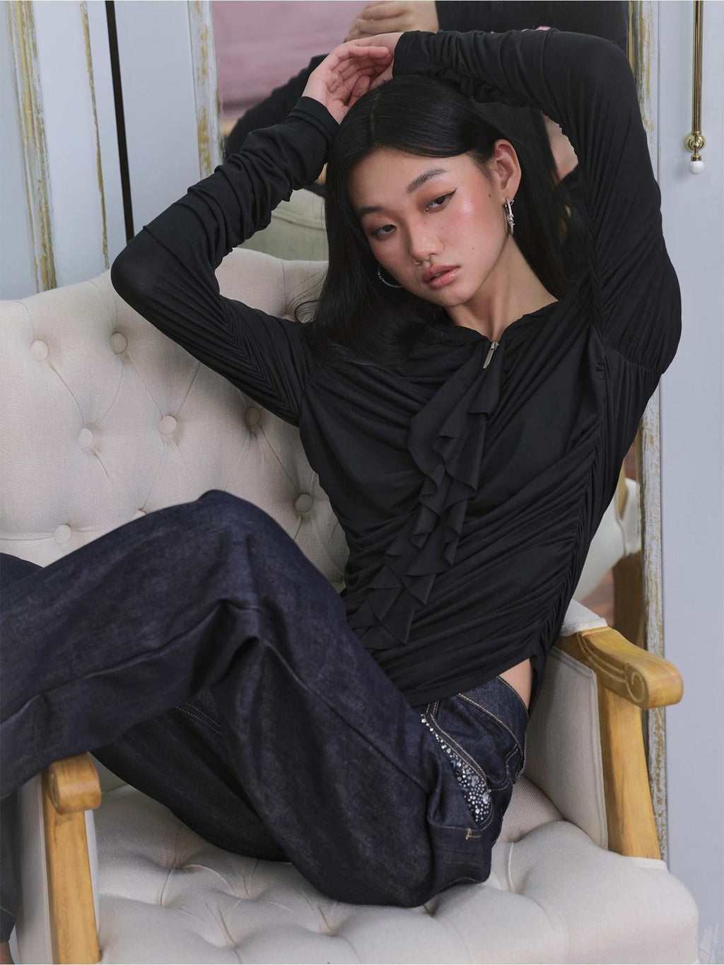 Ruffle Trim Ruched Zip Up Slim Fit Modal Women's Hoodies