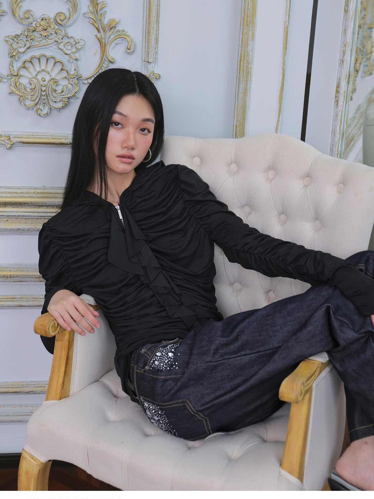Ruffle Trim Ruched Zip Up Slim Fit Modal Women's Hoodies
