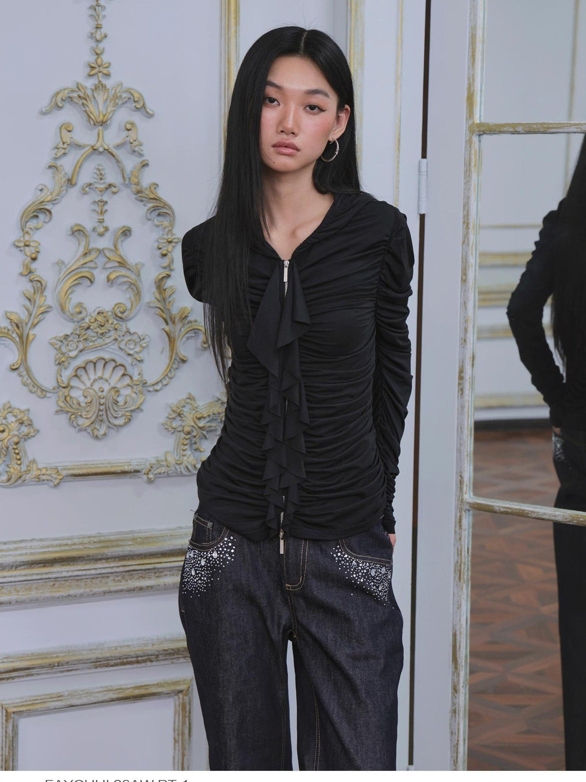 Ruffle Trim Ruched Zip Up Slim Fit Modal Women's Hoodies