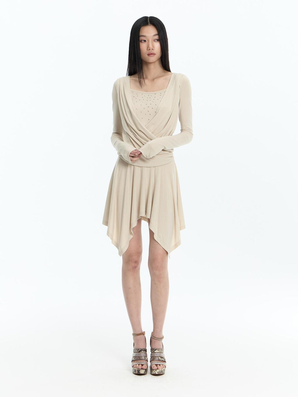 Sequin Faux Layered Draped V-neck Modal Women's Casual Midi Dresses