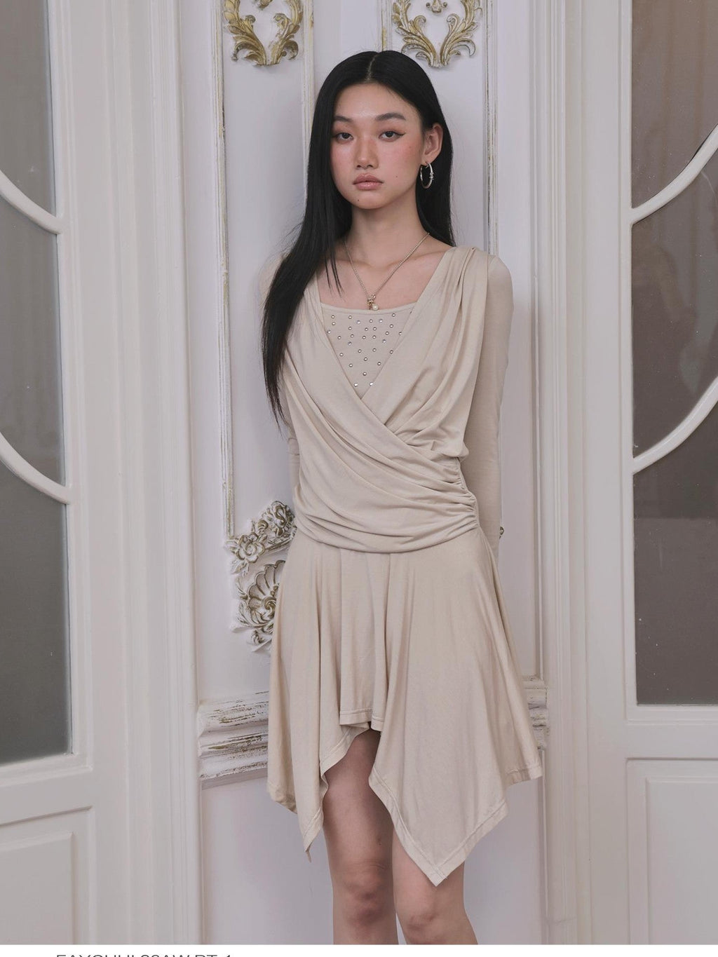 Sequin Faux Layered Draped V-neck Modal Women's Casual Midi Dresses