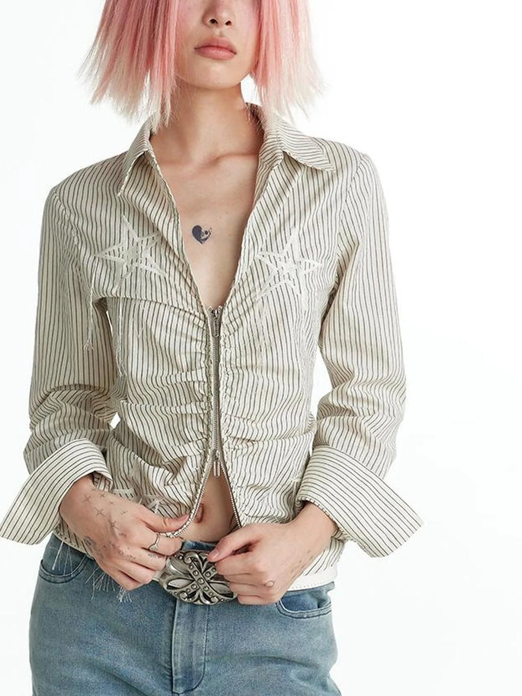 Slim Fit Star Embroidery Ruffle Hem Striped Shirt