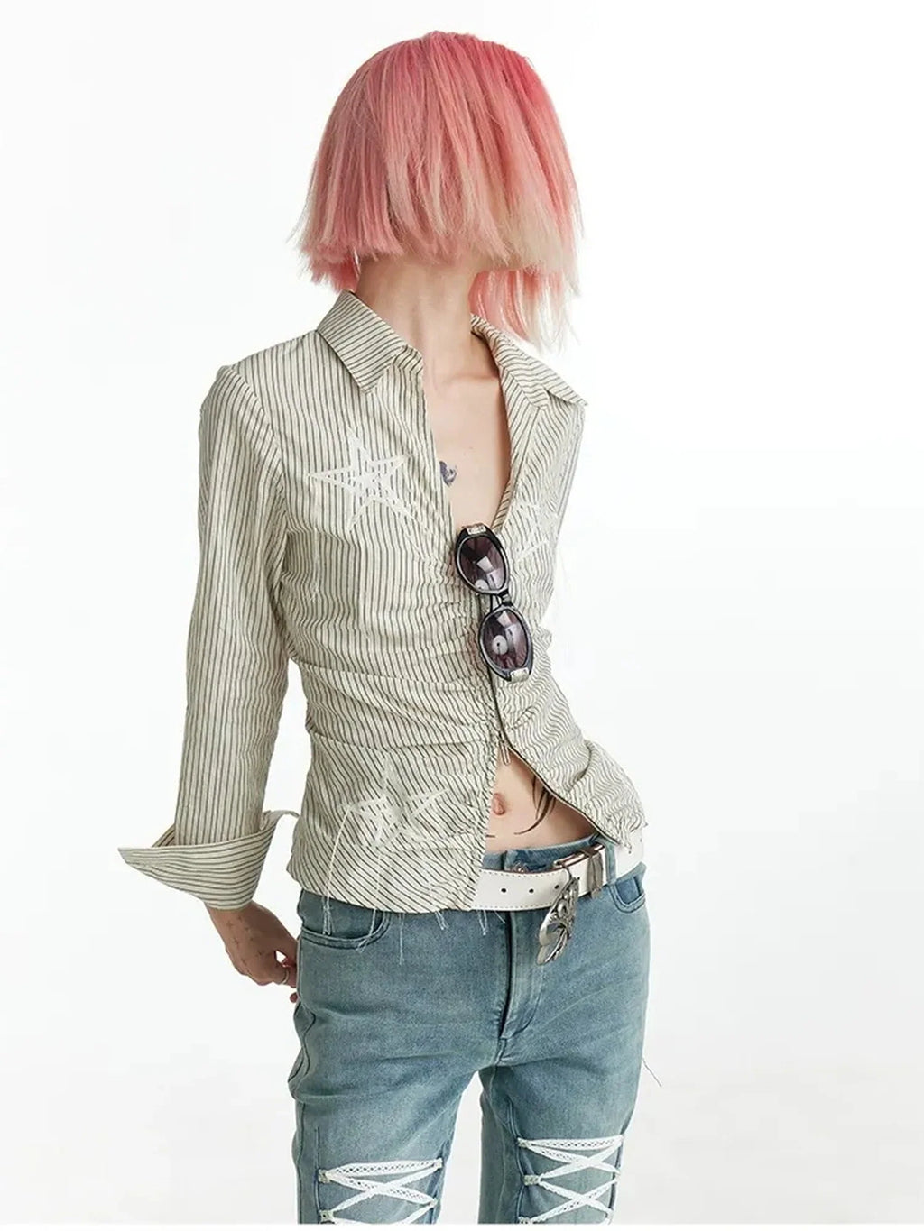 Slim Fit Star Embroidery Ruffle Hem Striped Shirt