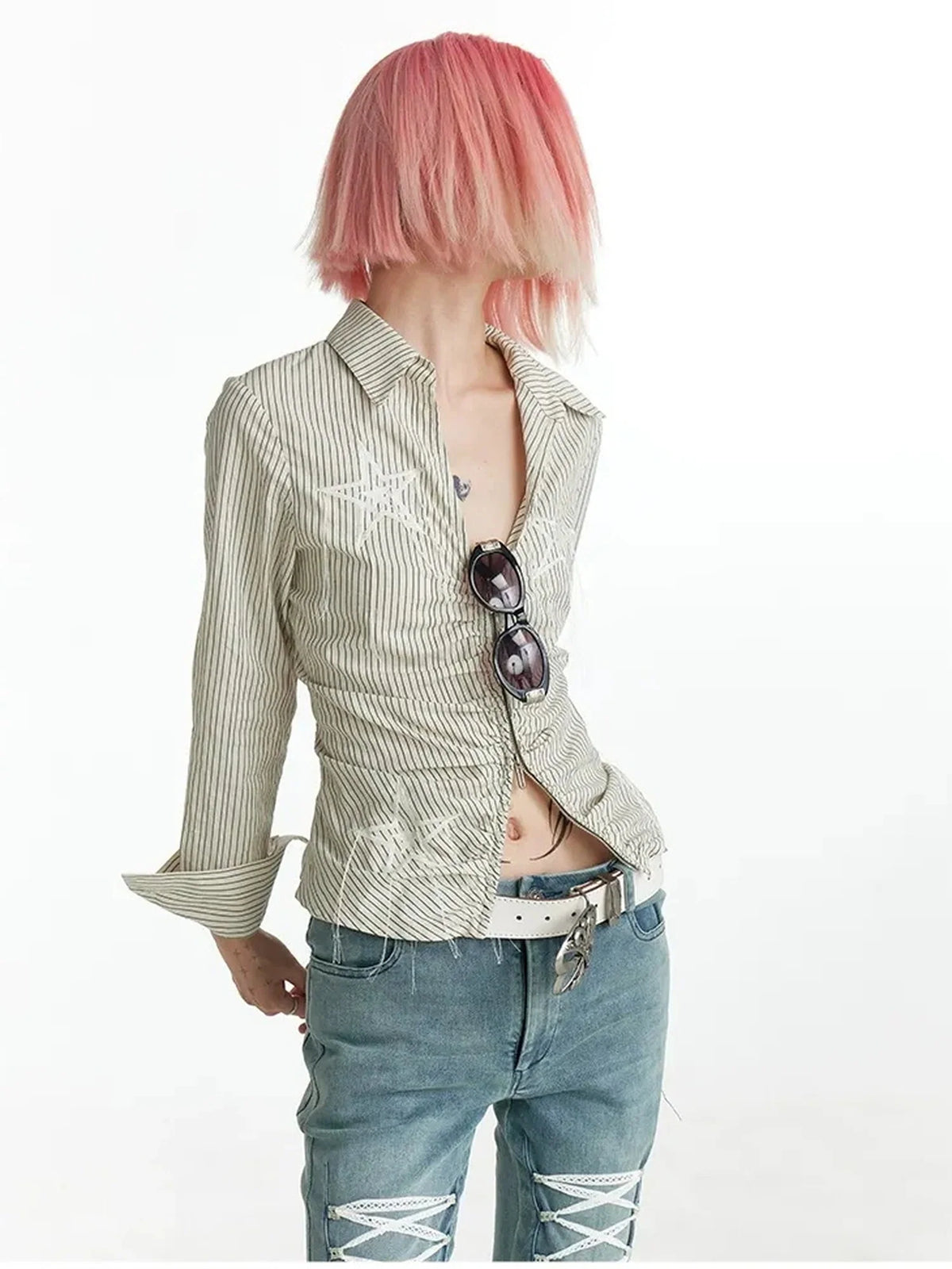 Slim Fit Star Embroidery Ruffle Hem Striped Shirt