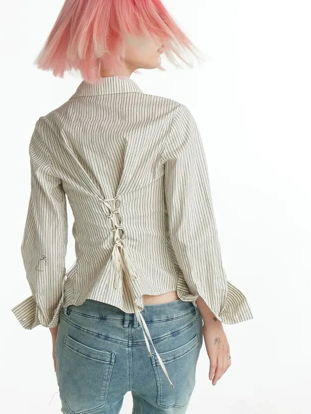 Slim Fit Star Embroidery Ruffle Hem Striped Shirt
