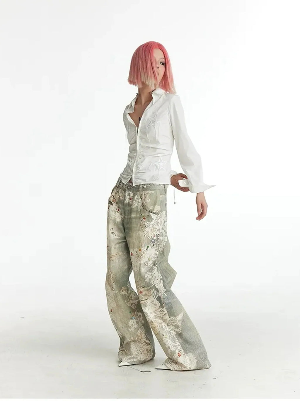 Slim Fit Star Embroidery Ruffle Hem Striped Shirt