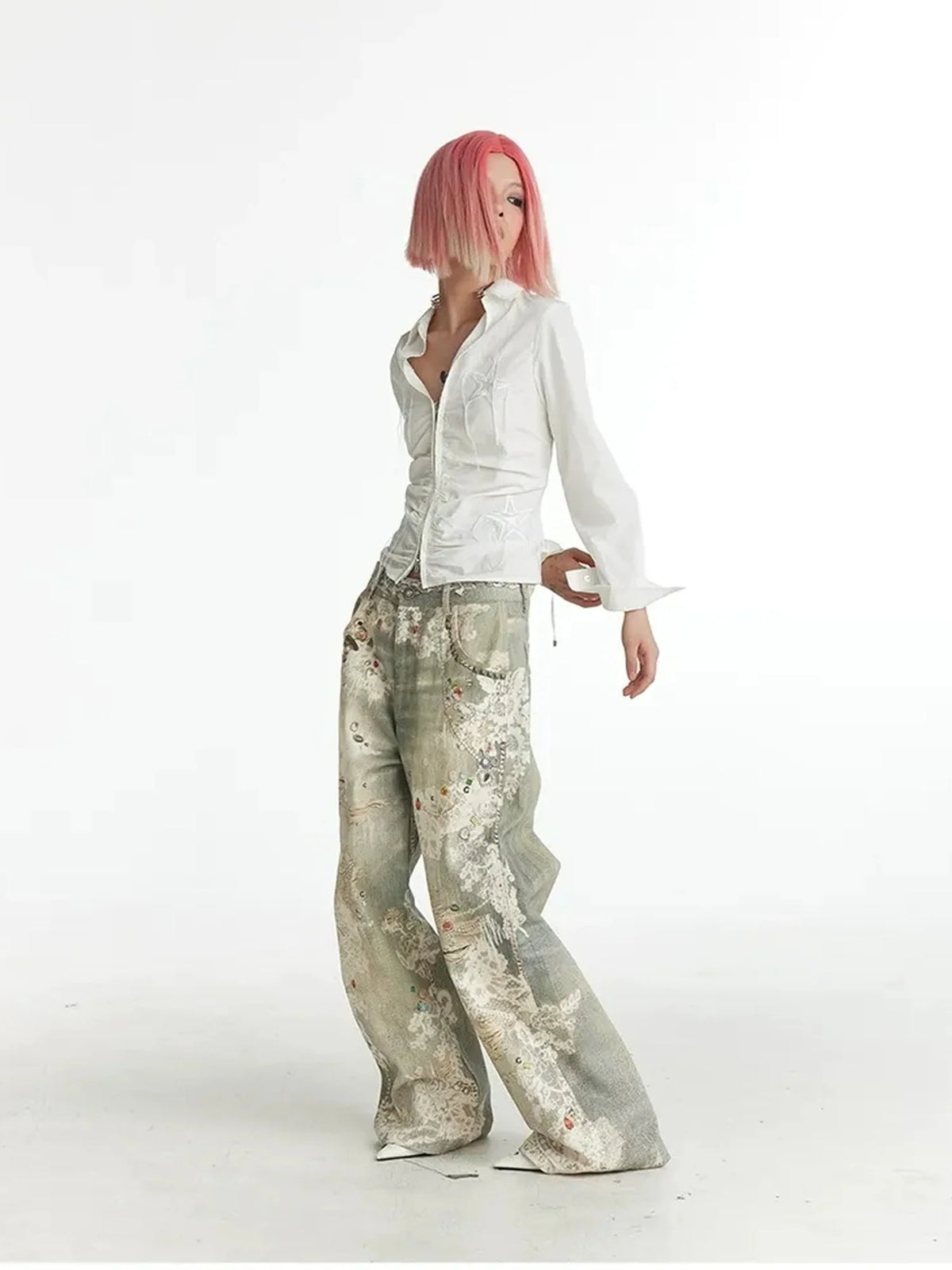 Slim Fit Star Embroidery Ruffle Hem Striped Shirt