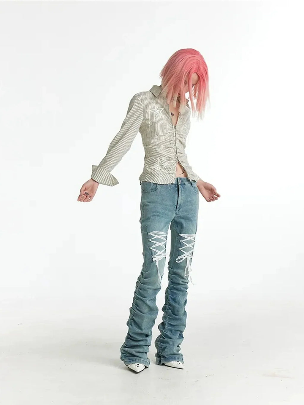 Slim Fit Star Embroidery Ruffle Hem Striped Shirt