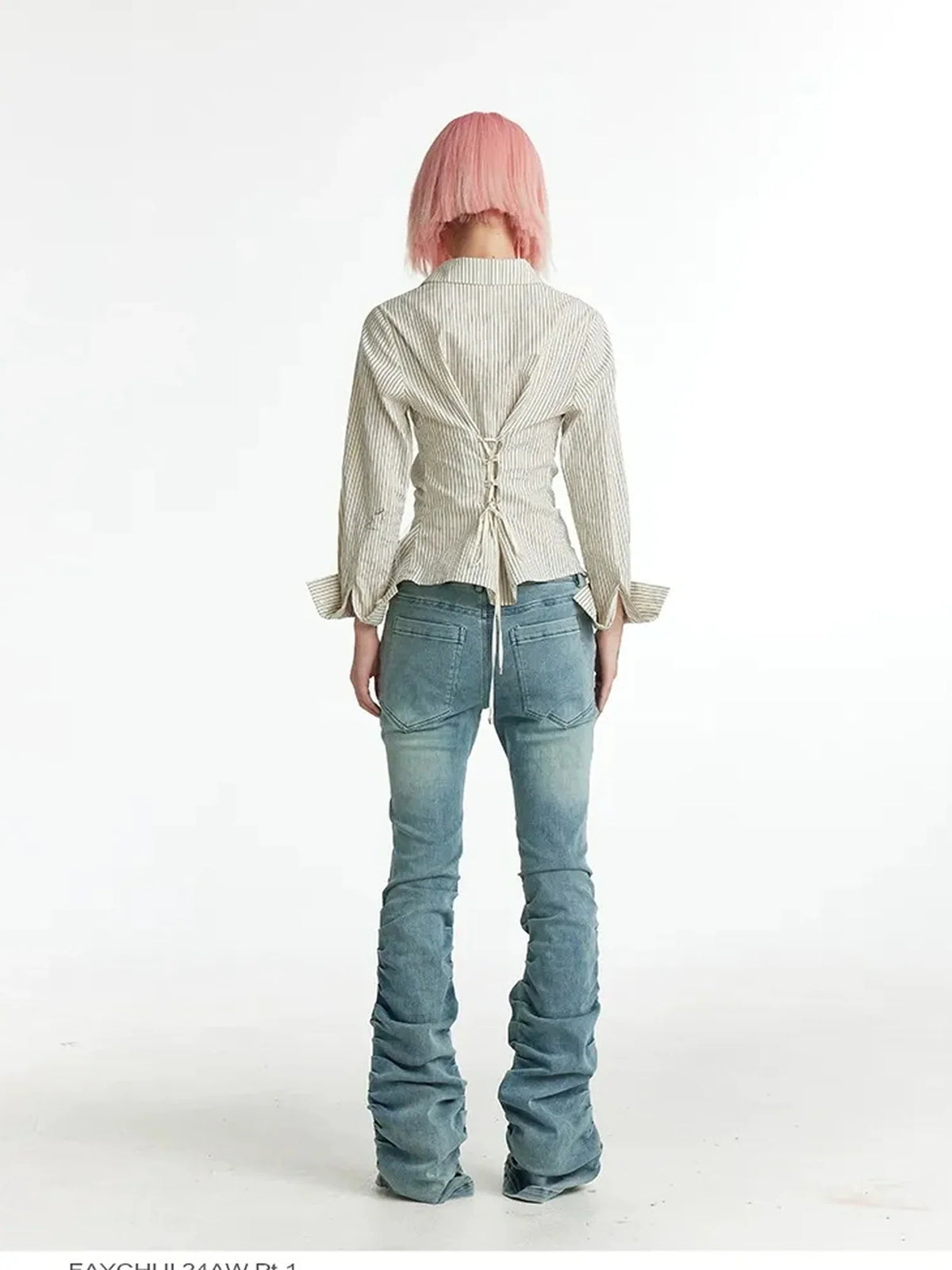Slim Fit Star Embroidery Ruffle Hem Striped Shirt