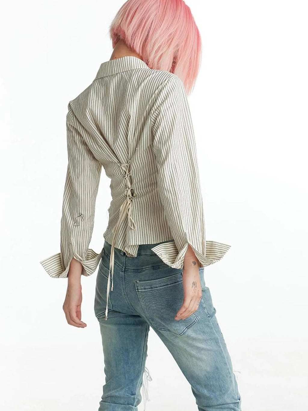 Slim Fit Star Embroidery Ruffle Hem Striped Shirt