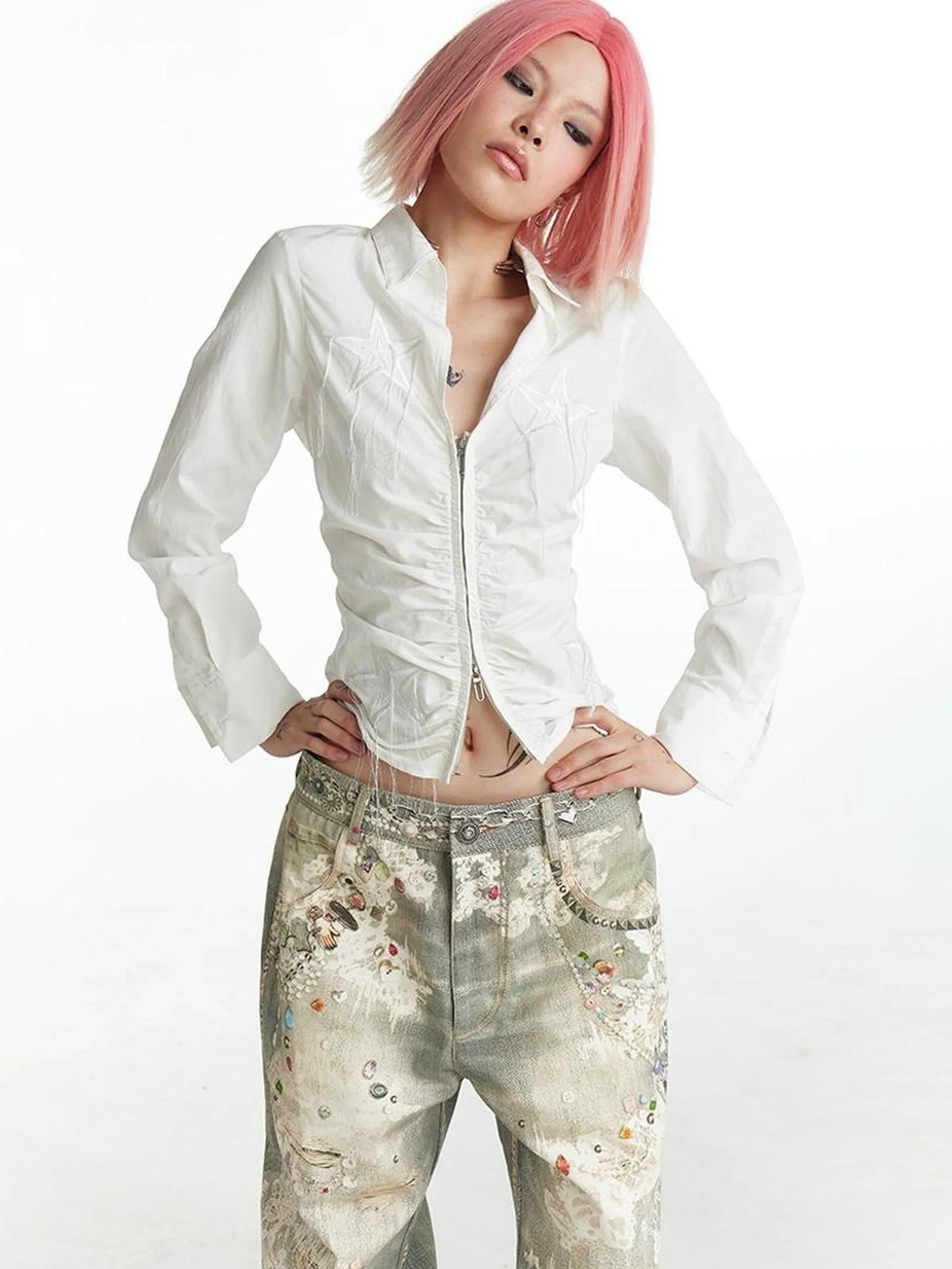 Slim Fit Star Embroidery Ruffle Hem Striped Shirt