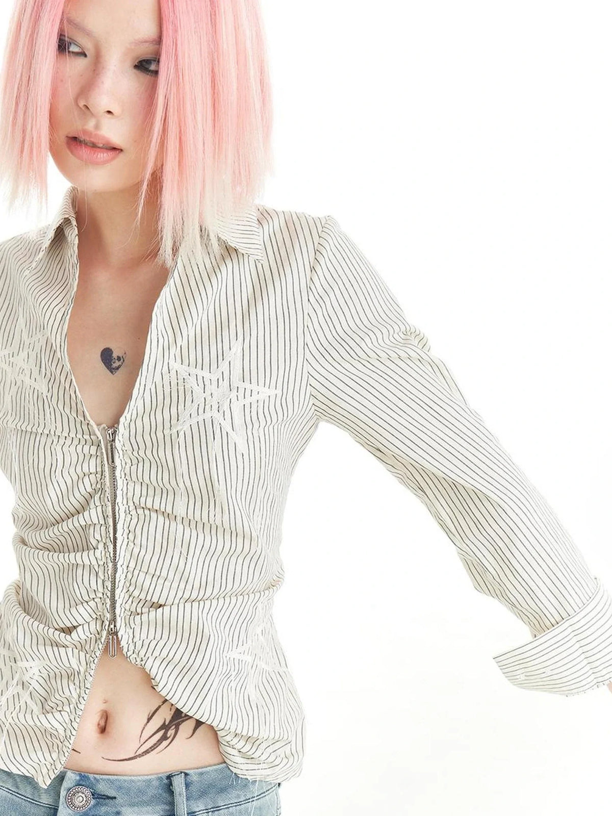 Slim Fit Star Embroidery Ruffle Hem Striped Shirt