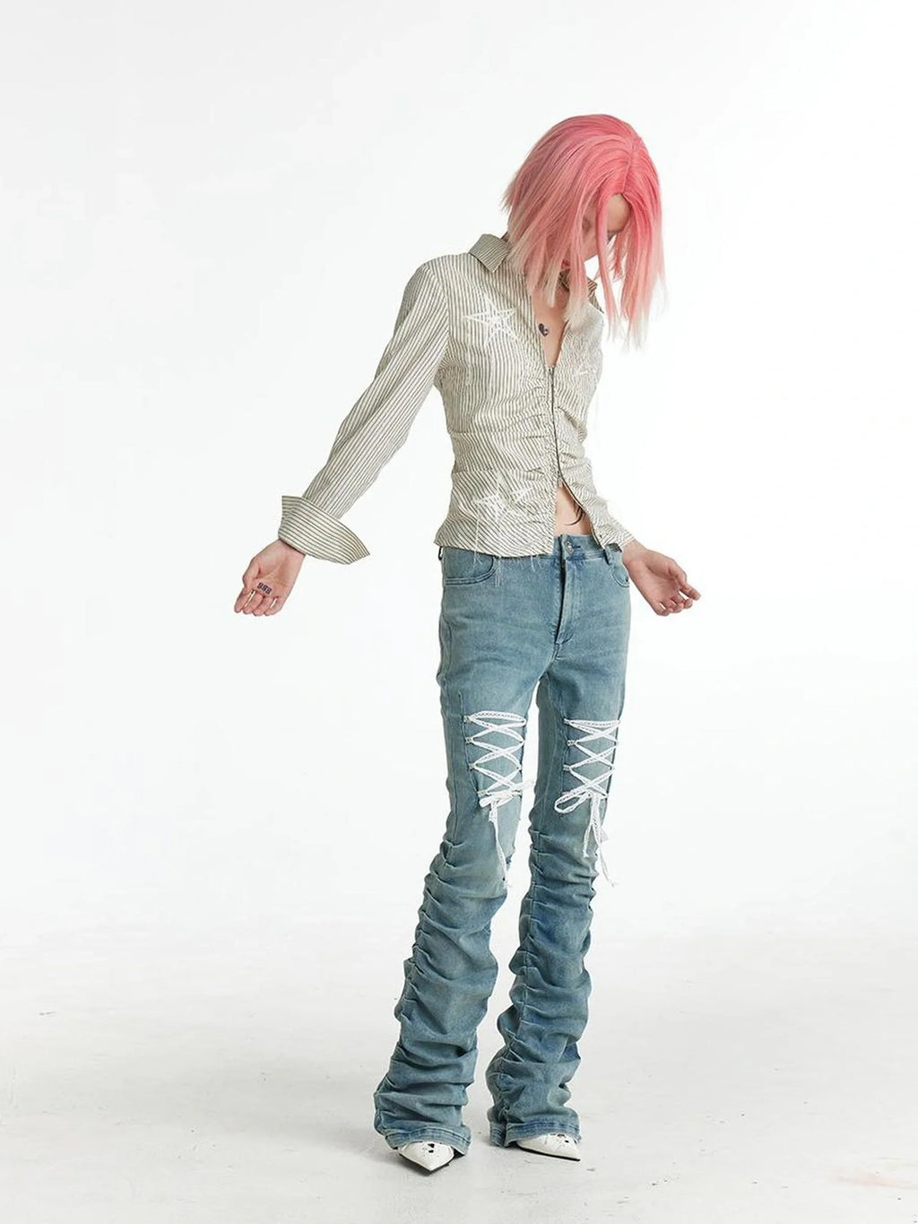 Slim Fit Star Embroidery Ruffle Hem Striped Shirt