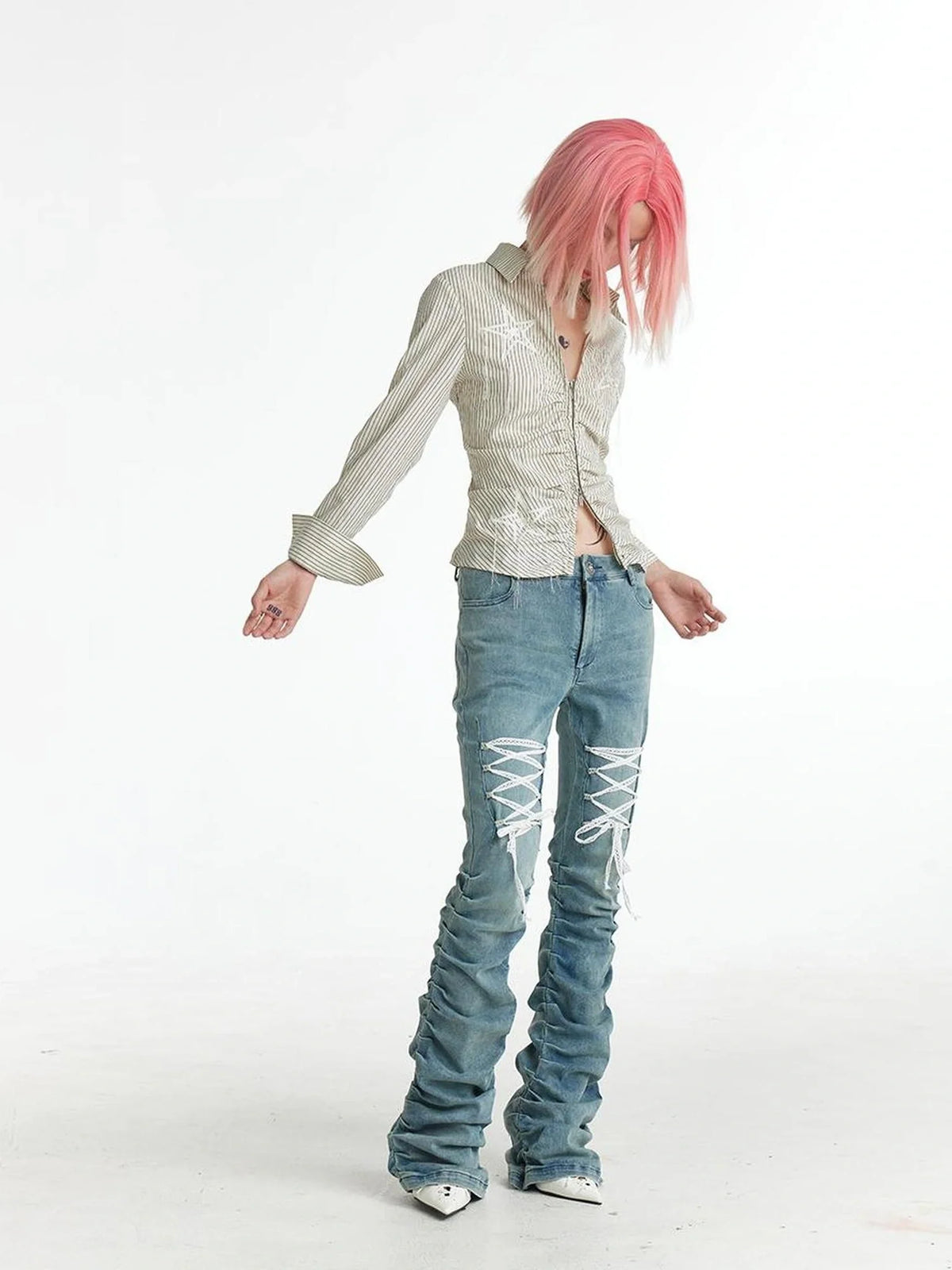 Slim Fit Star Embroidery Ruffle Hem Striped Shirt
