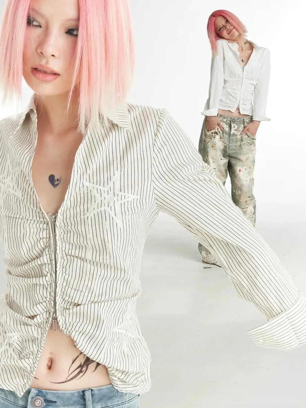 Slim Fit Star Embroidery Ruffle Hem Striped Shirt