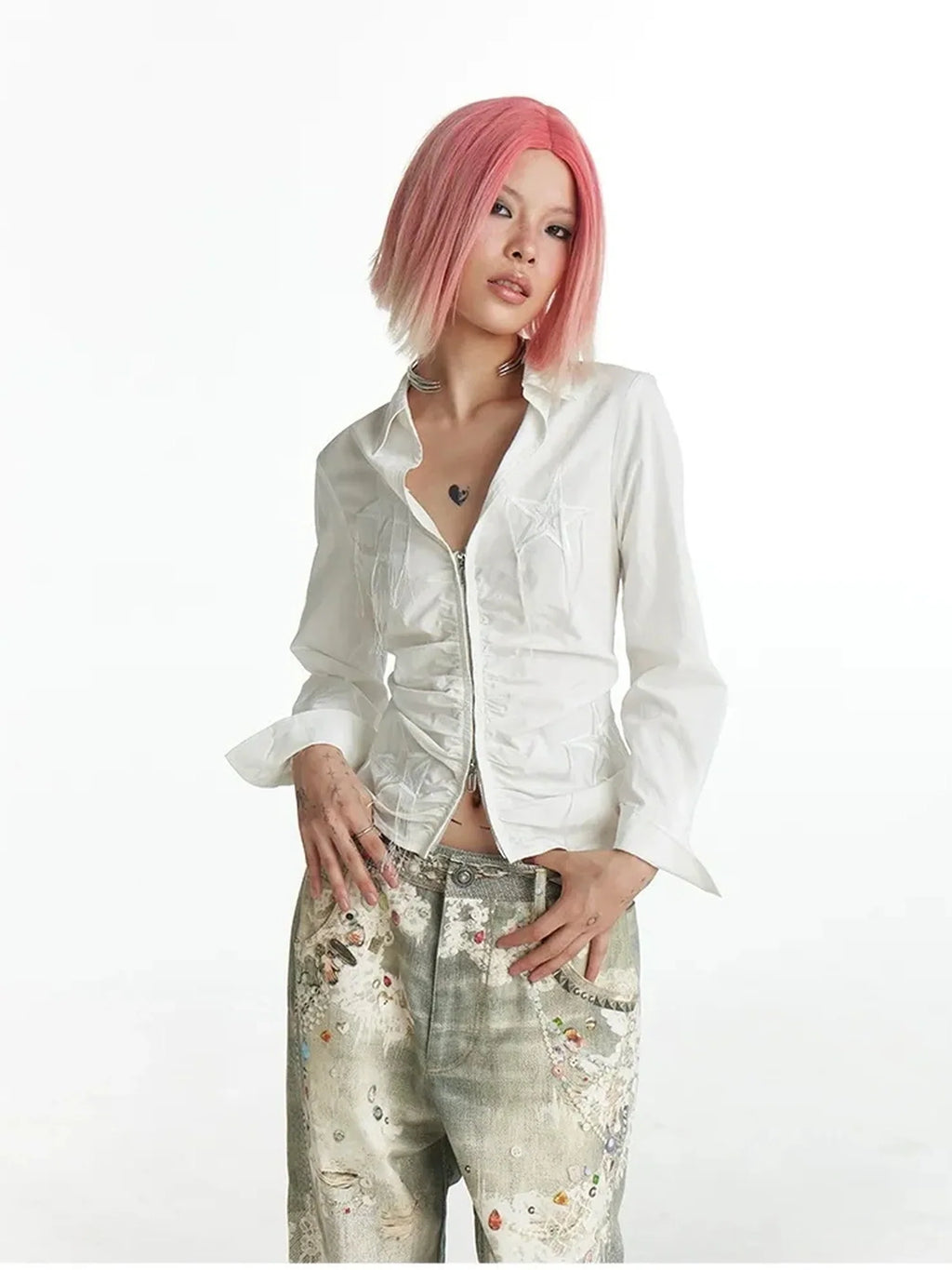 Slim Fit Star Embroidery Ruffle Hem Striped Shirt