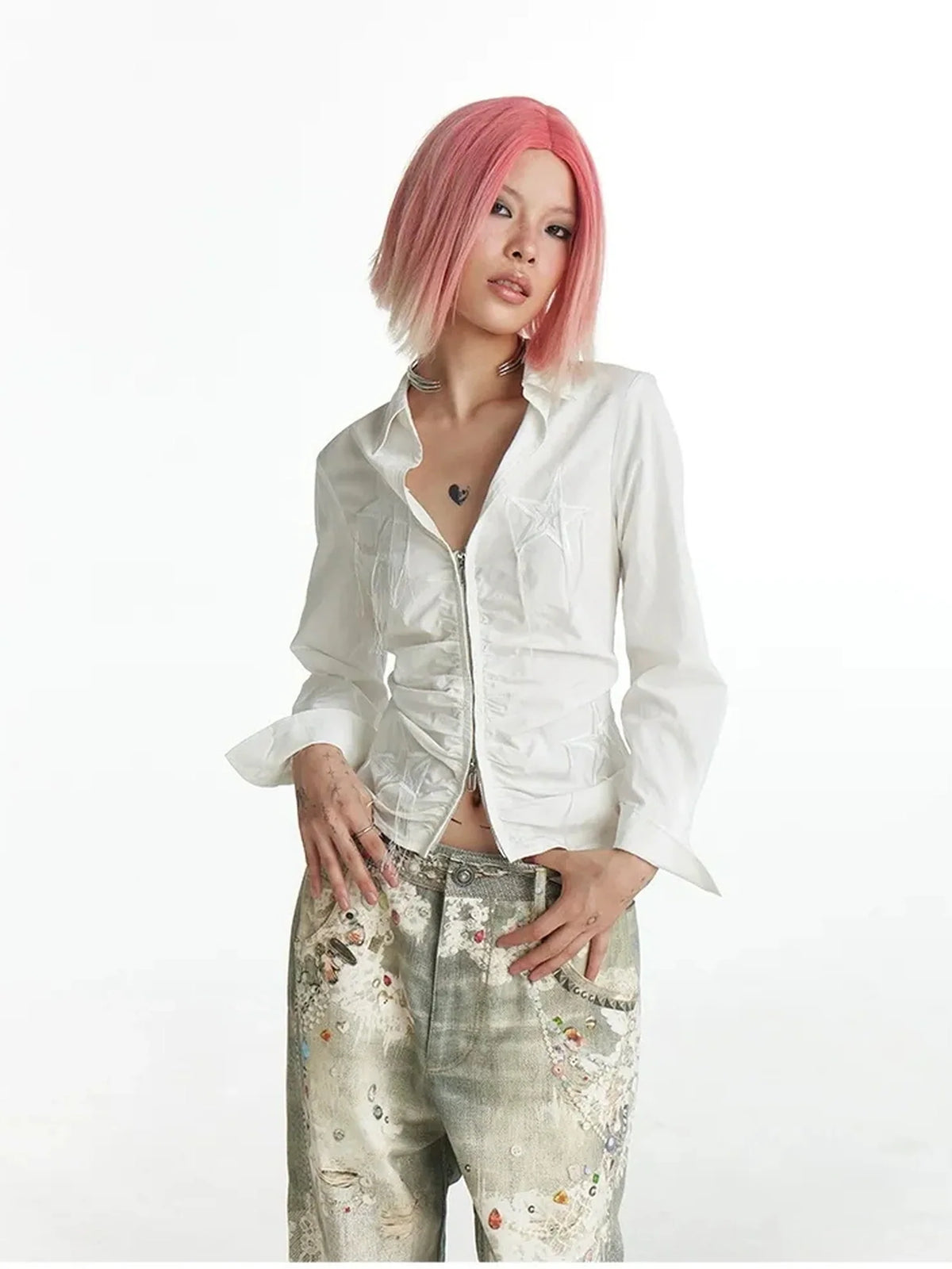Slim Fit Star Embroidery Ruffle Hem Striped Shirt