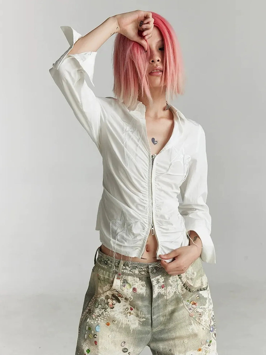 Slim Fit Star Embroidery Ruffle Hem Striped Shirt