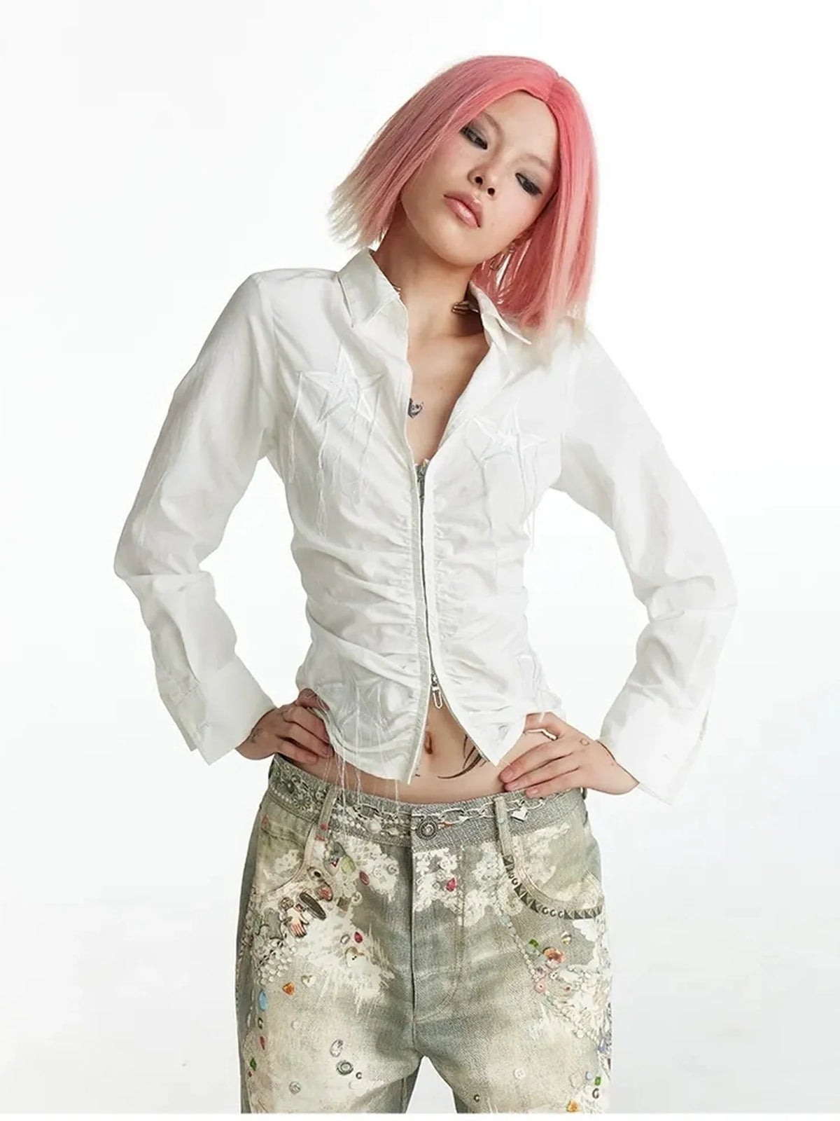 Slim Fit Star Embroidery Ruffle Hem Striped Shirt