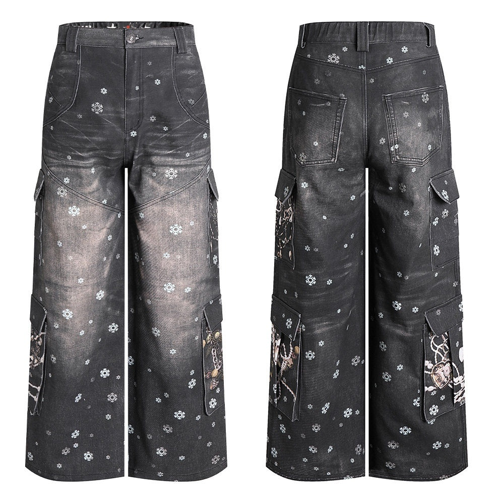 Snowflake Print Vintage Cargo Loose Women's Cotton Wide-leg Pants